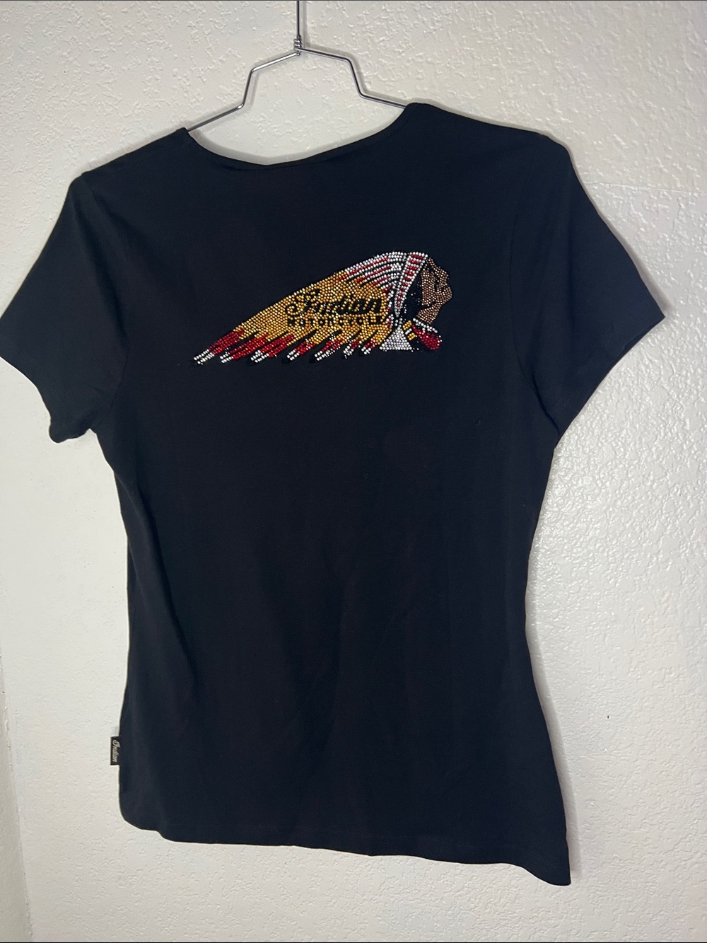 New Indian motorcycle Rhinestones bling Women's Black Logo Scoop Neck Tee large